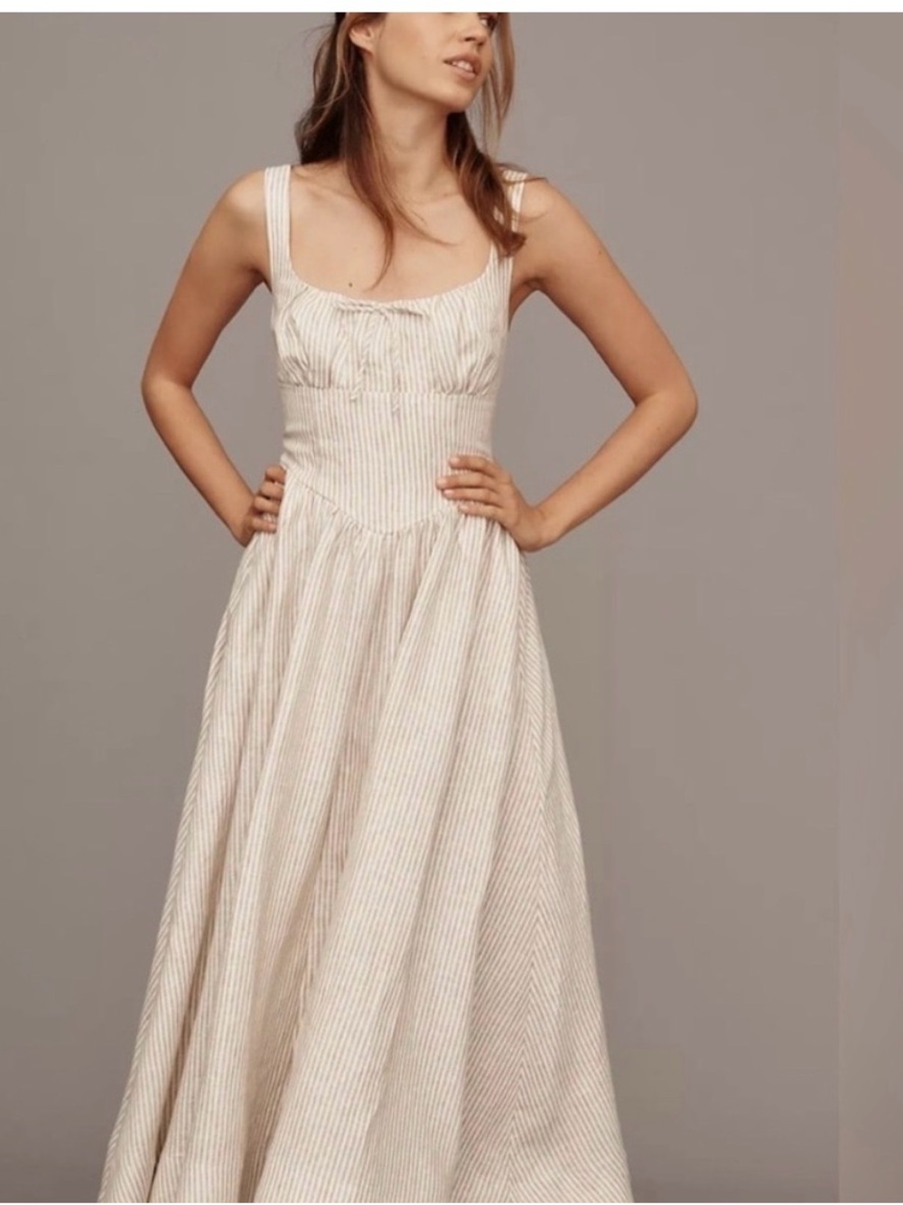 Reformation Cream Pinstripe Smocked Midi Dress